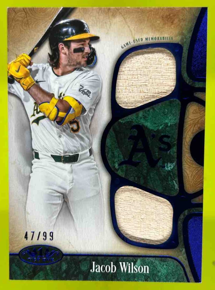 Card image for Jacob Wilson 2026 Topps Baseball Tier One Relic Dual /99 MEM Athletics