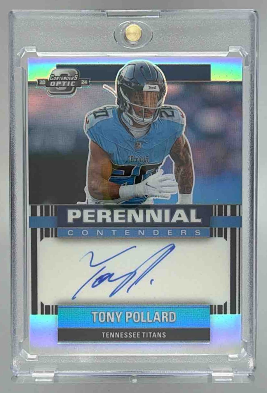 Card image for 2025 Panini Impeccable Tony Pollard Immense Patch Autos /99 #2 MEM Auto Titans
