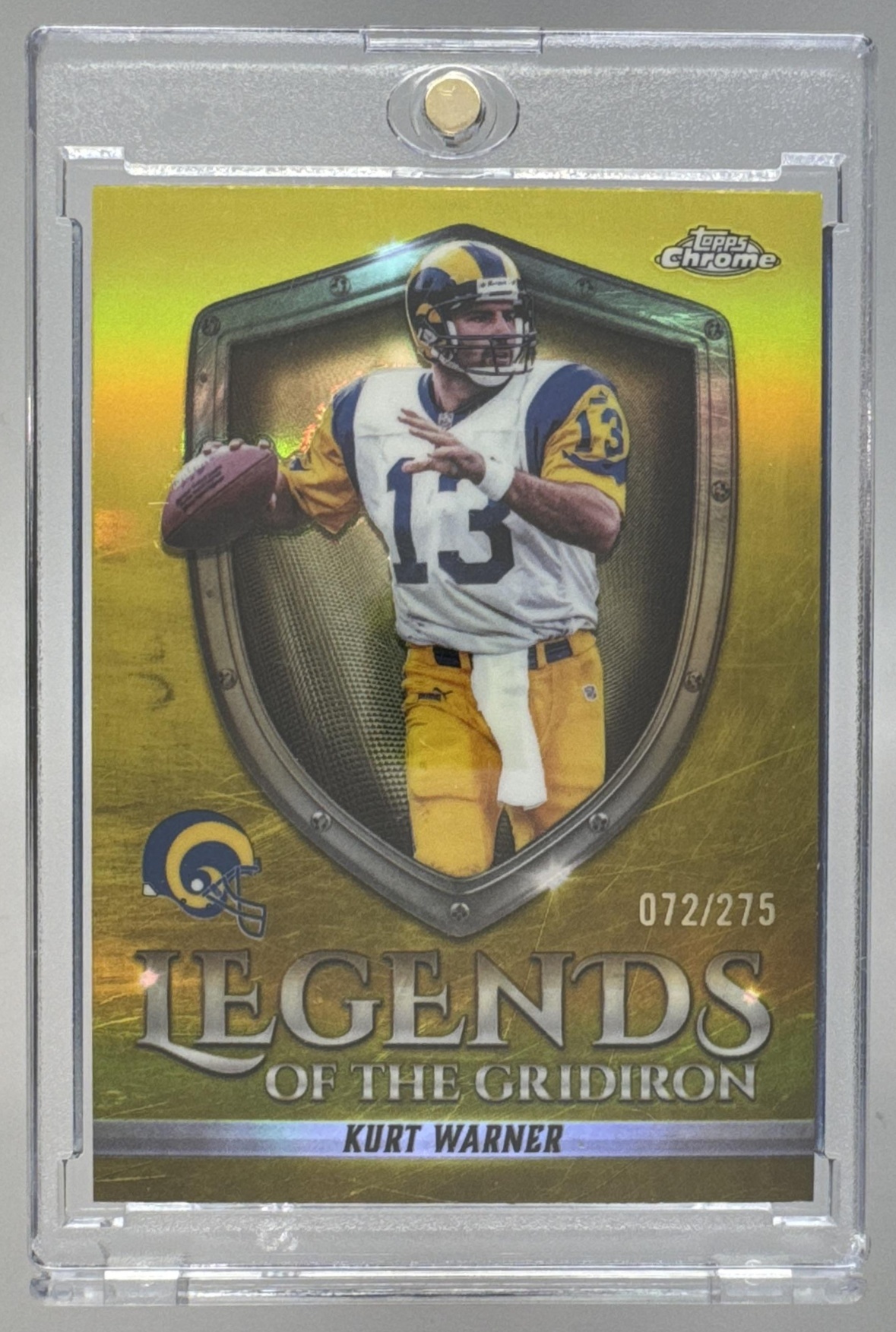 Card image for 2025 Topps Chrome Kurt Warner Legends of the Gridiron Yellow Refractor /275 #LOG-1 Rams