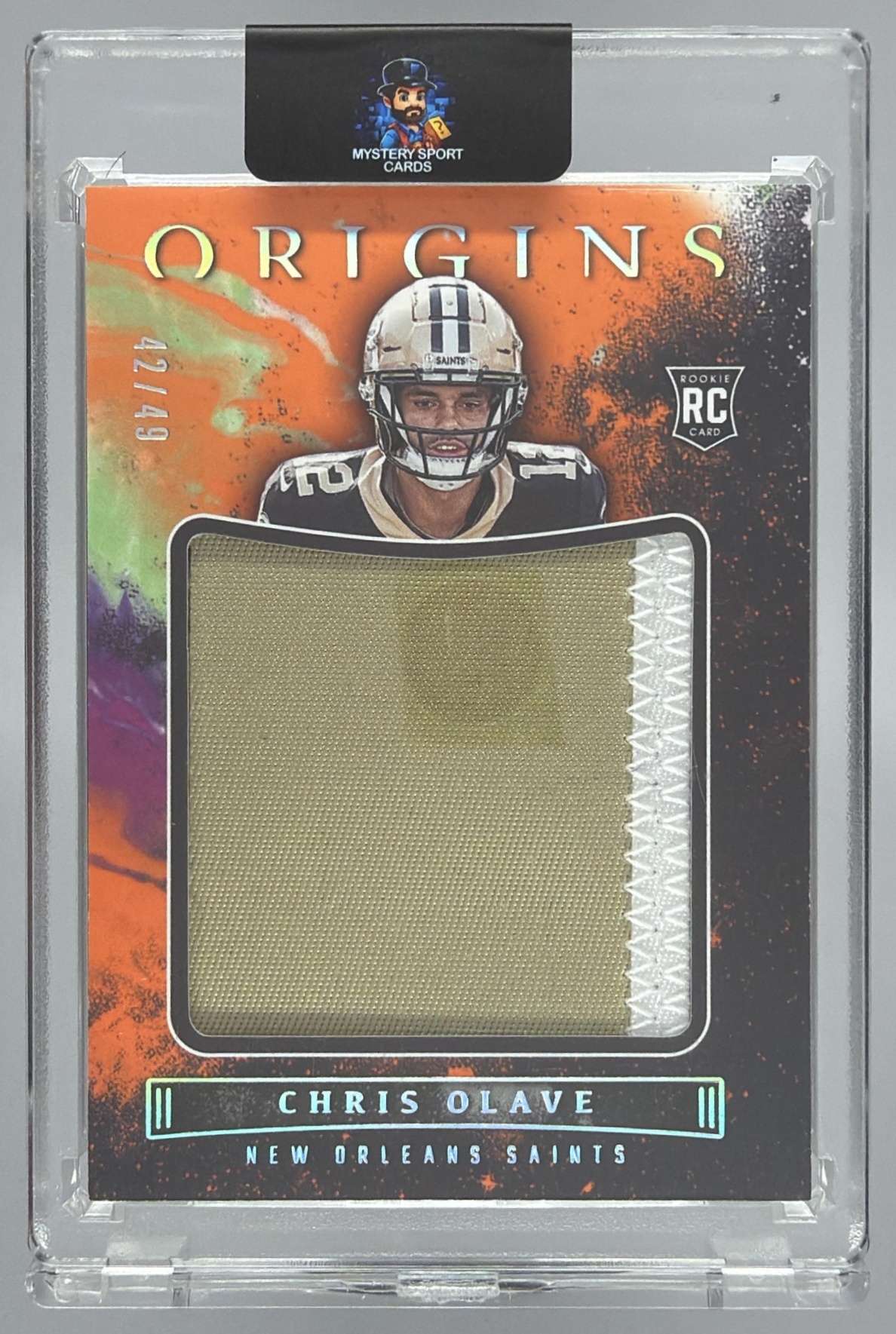 Card image for 2022 Panini Origins Chris Olave Rookie Jumbo Jerseys Orange /49 #JUM-COL MEM RC Saints