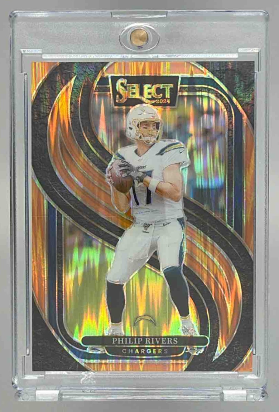 Card image for 2024 Panini Select Philip Rivers Premier Orange Prizm Shock /399 #187 Chargers