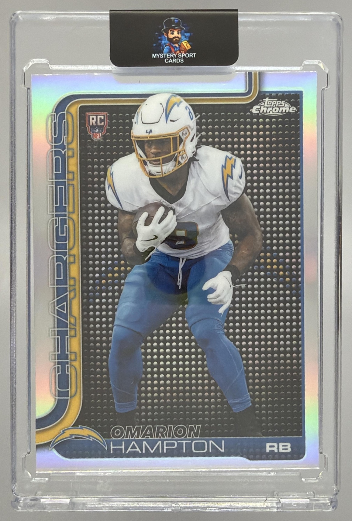 Card image for 2025 Topps Chrome Omarion Hampton Lightboard Logo Variation #324 RC Chargers