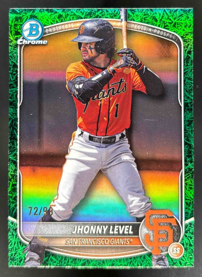 Card image for 2025 Bowman Draft Jhonny Level Chrome Green Grass Refractor /99 #BDC-55 Giants