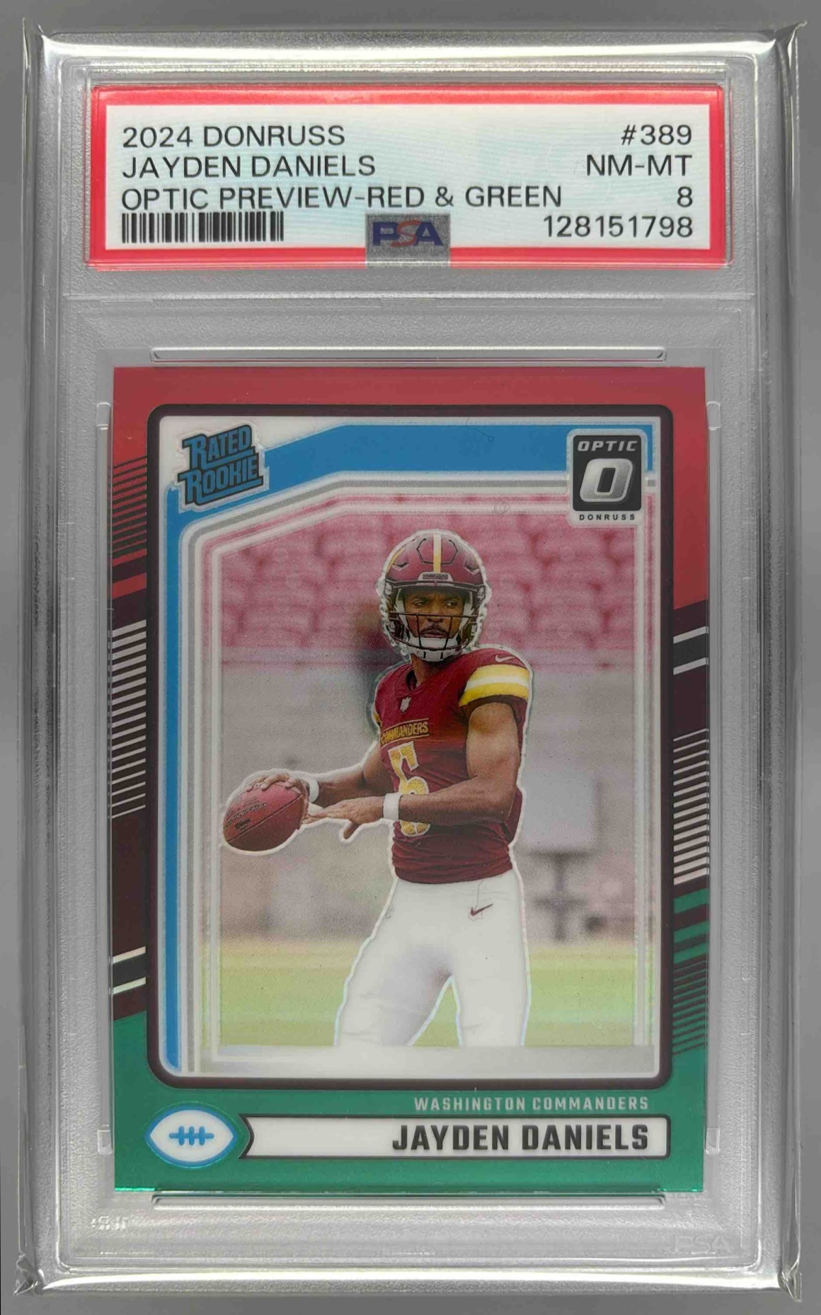 Card image for 2024 Panini Donruss Jayden Daniels Optic Rated Rookie Preview Red and Green #389 Commanders
