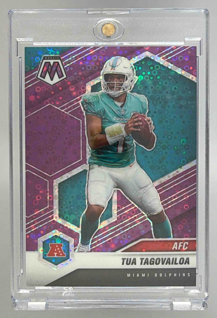 Card image for 2021 Panini Mosaic Tua Tagovailoa No Huddle Prizm Purple /50 #228 Dolphins