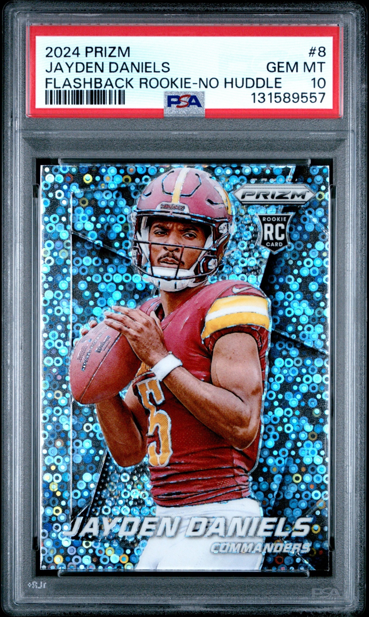 Card image for 2024 Panini Prizm Jayden Daniels Flashback Rookie No Huddle #8 RC Commanders