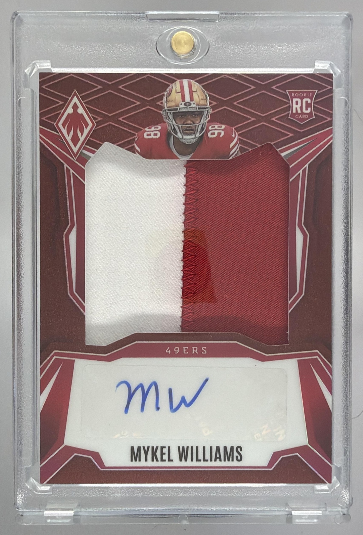 Card image for 2025 Panini Phoenix Mykel Williams RPS Rookie Patch Auto Green Prizm /25 #RPS-MWS MEM RC 49ers