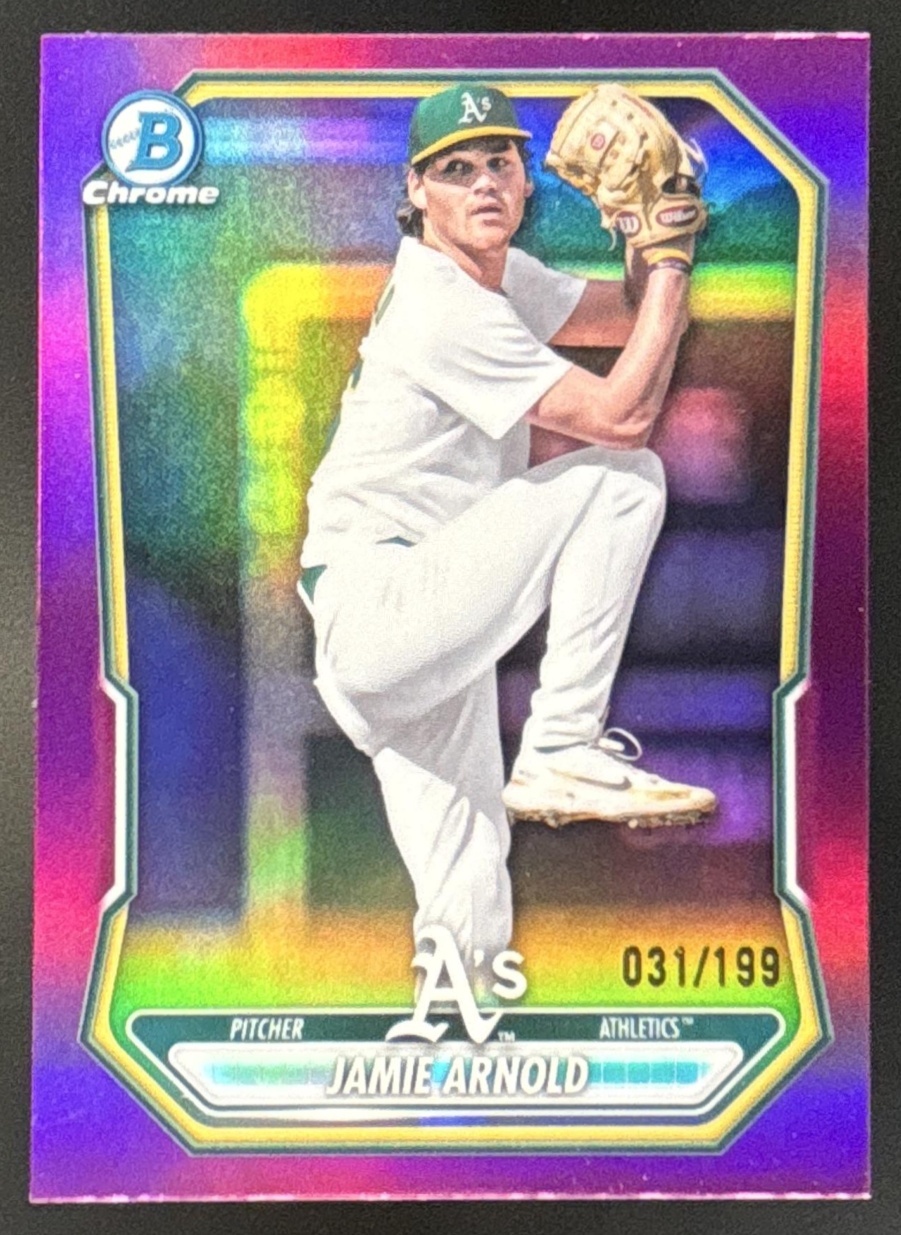 Card image for Jamie Arnold 2026 Bowman Fuchsia Refractor /199 Chrome Prospects Athletics