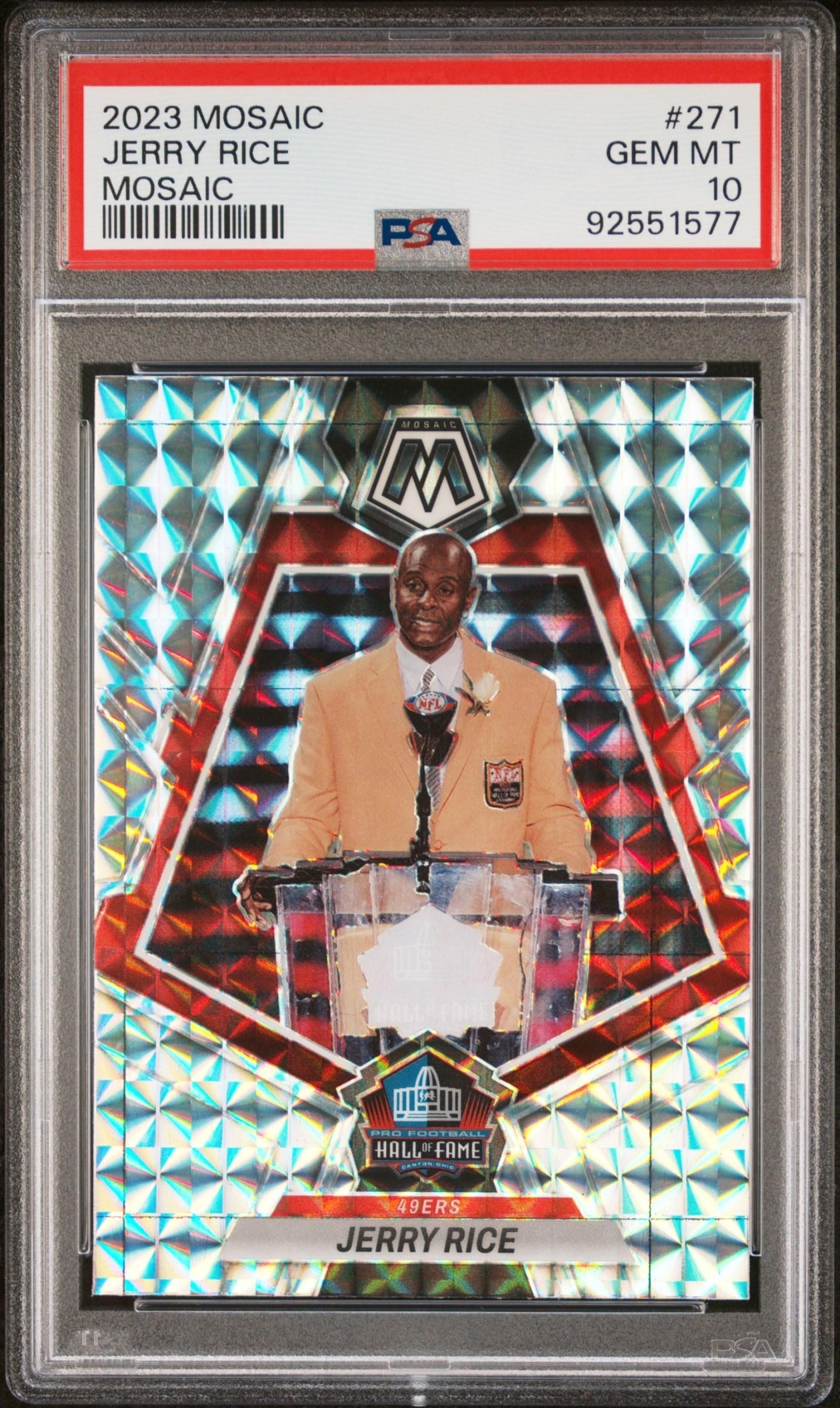 Card image for 2023 Panini Mosaic Jerry Rice Orange Mosaic Prizm /199 #271 National Pride Hall of Fame 49ers