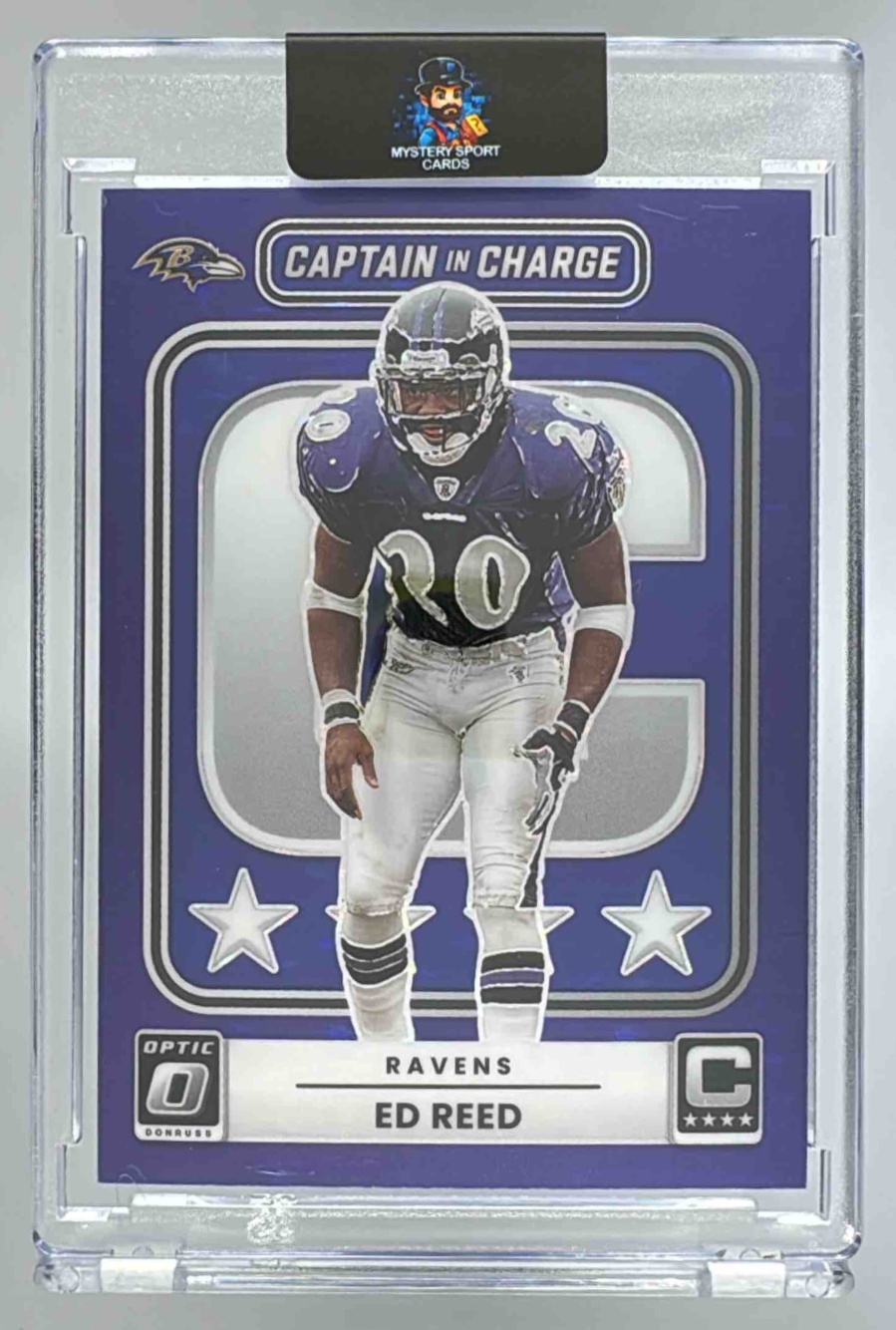 Card image for 2025 Panini Donruss Optic Ed Reed Captain in Charge Purple Stars Prizm /25 #10 Ravens