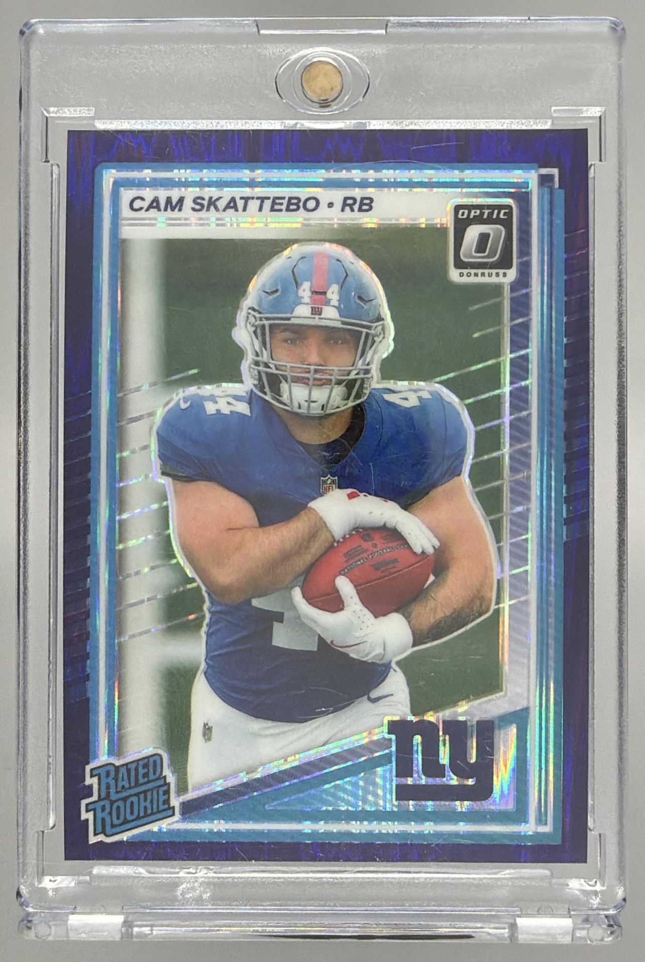 Card image for 2025 Panini Donruss Optic Cam Skattebo Rated Rookie Purple Shock Prizm #228 Giants