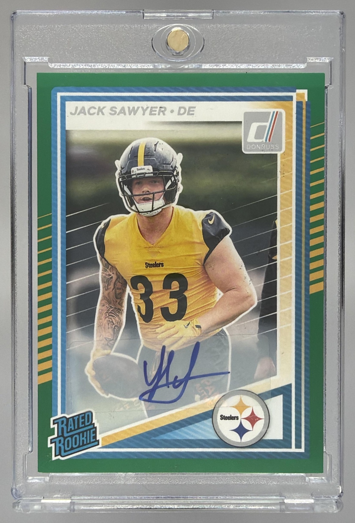Card image for 2025 Panini Donruss Jack Sawyer Optic Rated Rookie Preview Auto #390 RC Steelers