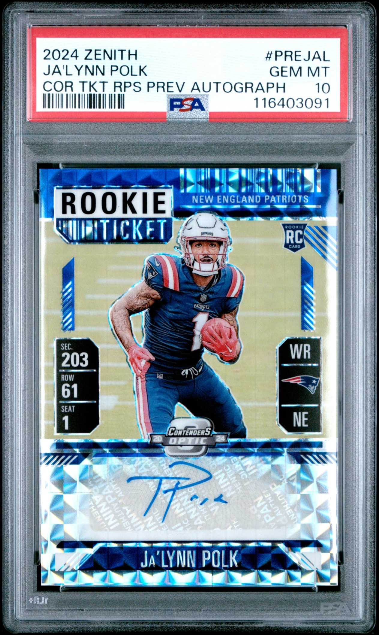 Card image for 2024 Panini Contenders Optic Ja'Lynn Polk Rookie Ticket RPS Auto #118 RC Patriots