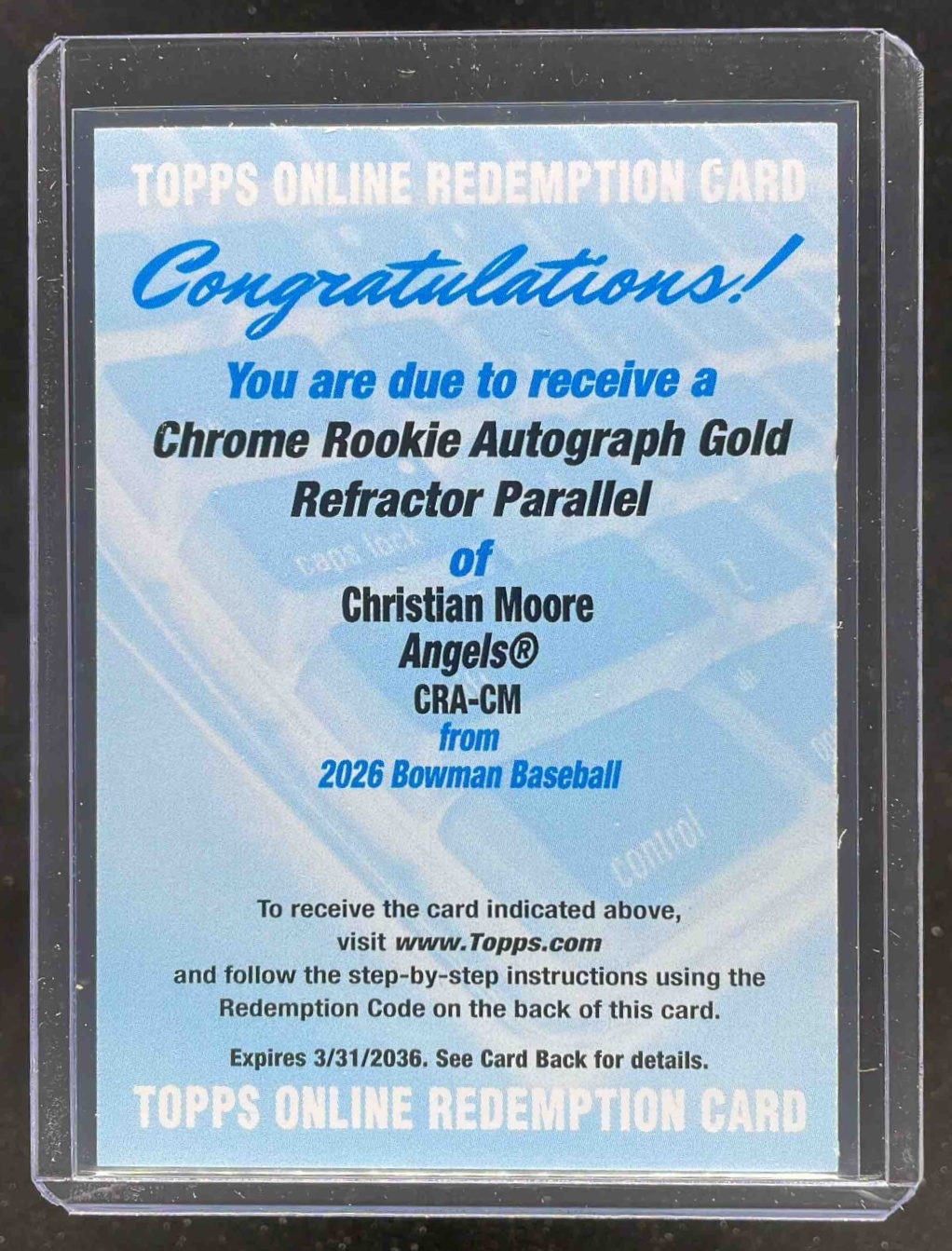 Card image for 2026 Bowman Christian Moore Chrome Rookie Auto Gold Refractor /50 #CRA-CM RC
