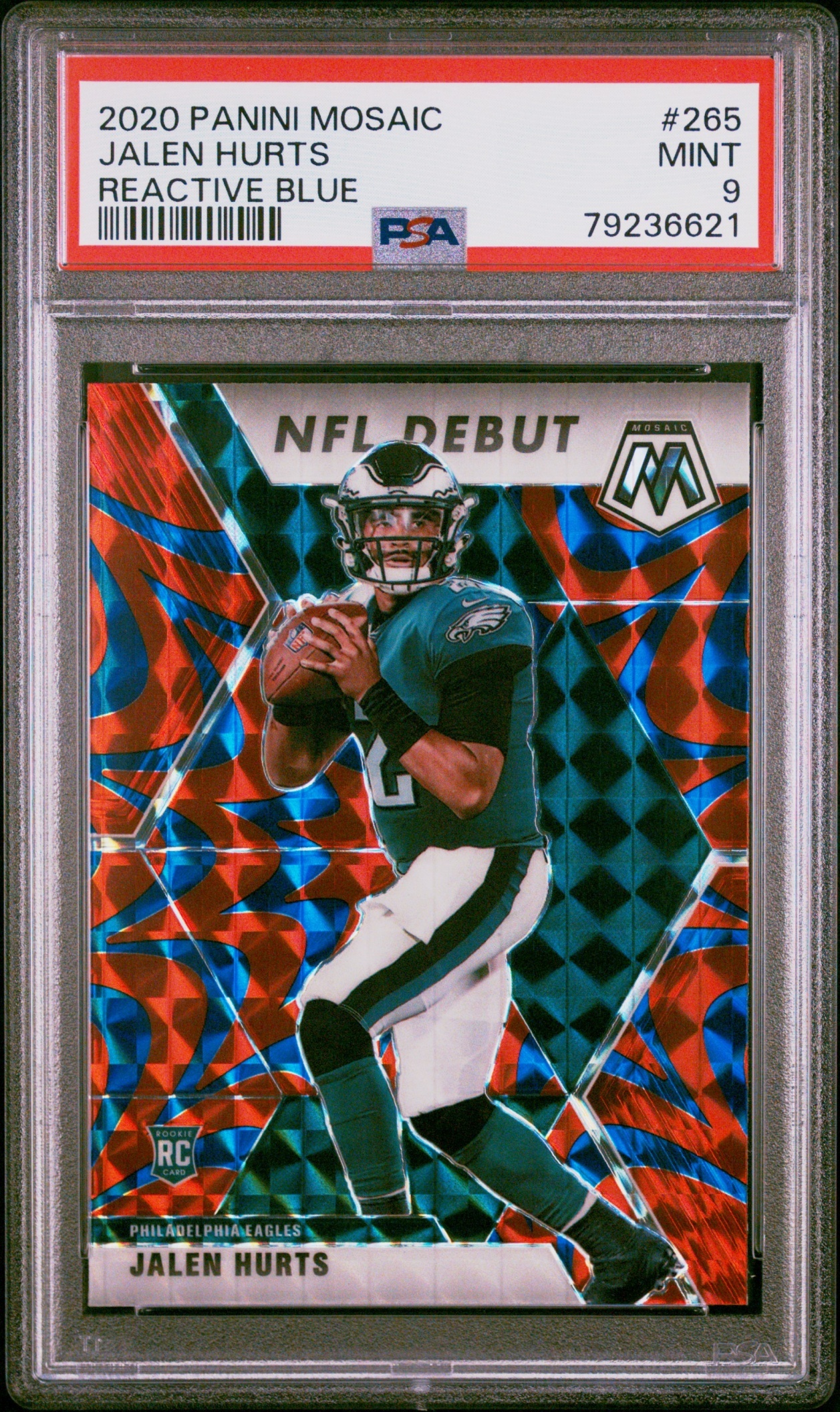 Card image for 2020 Panini Mosaic Jalen Hurts Prizm Reactive Blue #265 RC Eagles
