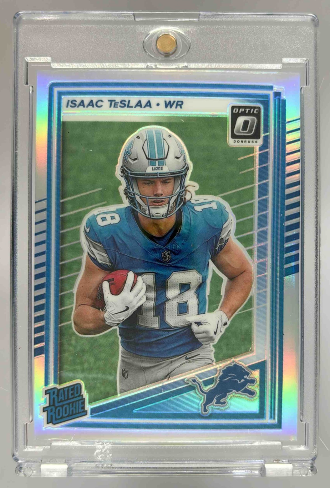 Card image for 2025 Panini Football Donruss Optic Isaac TeSlaa Rated Rookie #219 Detroit Lions