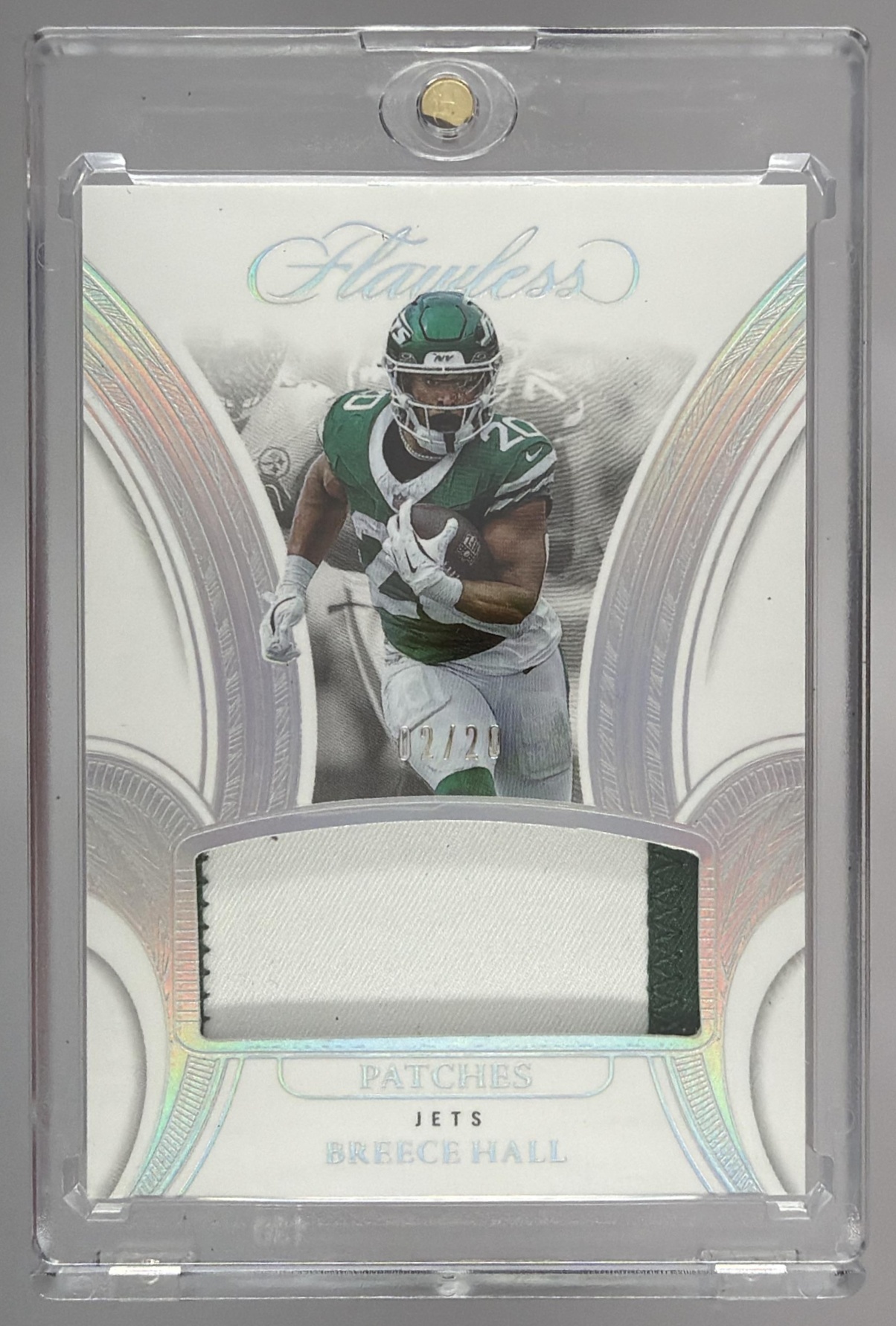 Card image for 2025 Panini Flawless Breece Hall Patches Silver /20 #PAT-BHL MEM Jets