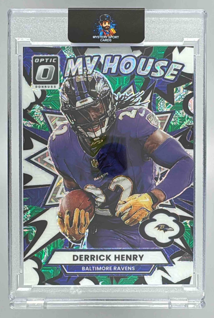 Card image for 2025 Panini Donruss Optic Derrick Henry My House! Dragon Prizm /24 #9 Ravens