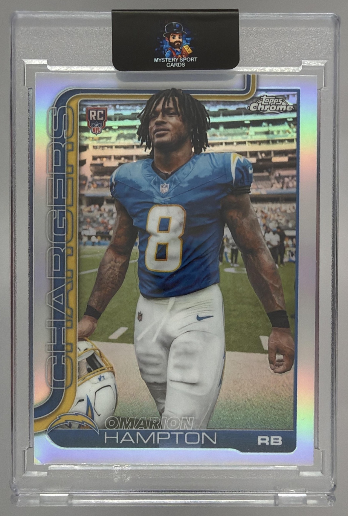 Card image for 2025 Topps Chrome Sapphire Omarion Hampton Rookie Image Variation #324 SP RC VAR Chargers