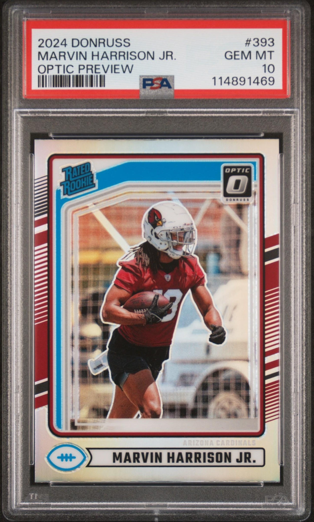 Card image for 2024 Panini Donruss Marvin Harrison Jr. Optic Rated Rookie Preview Red and Green #393 Cardinals