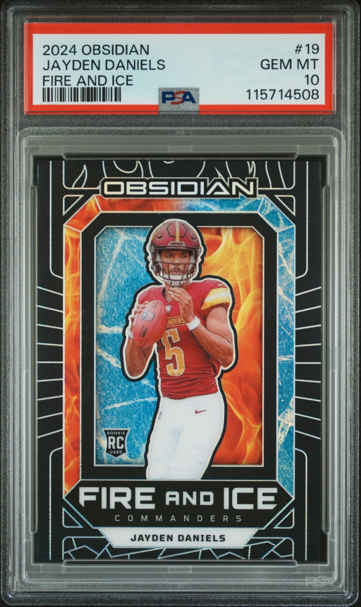Card image for 2024 Panini Obsidian Jayden Daniels Fire and Ice #19 RC Commanders