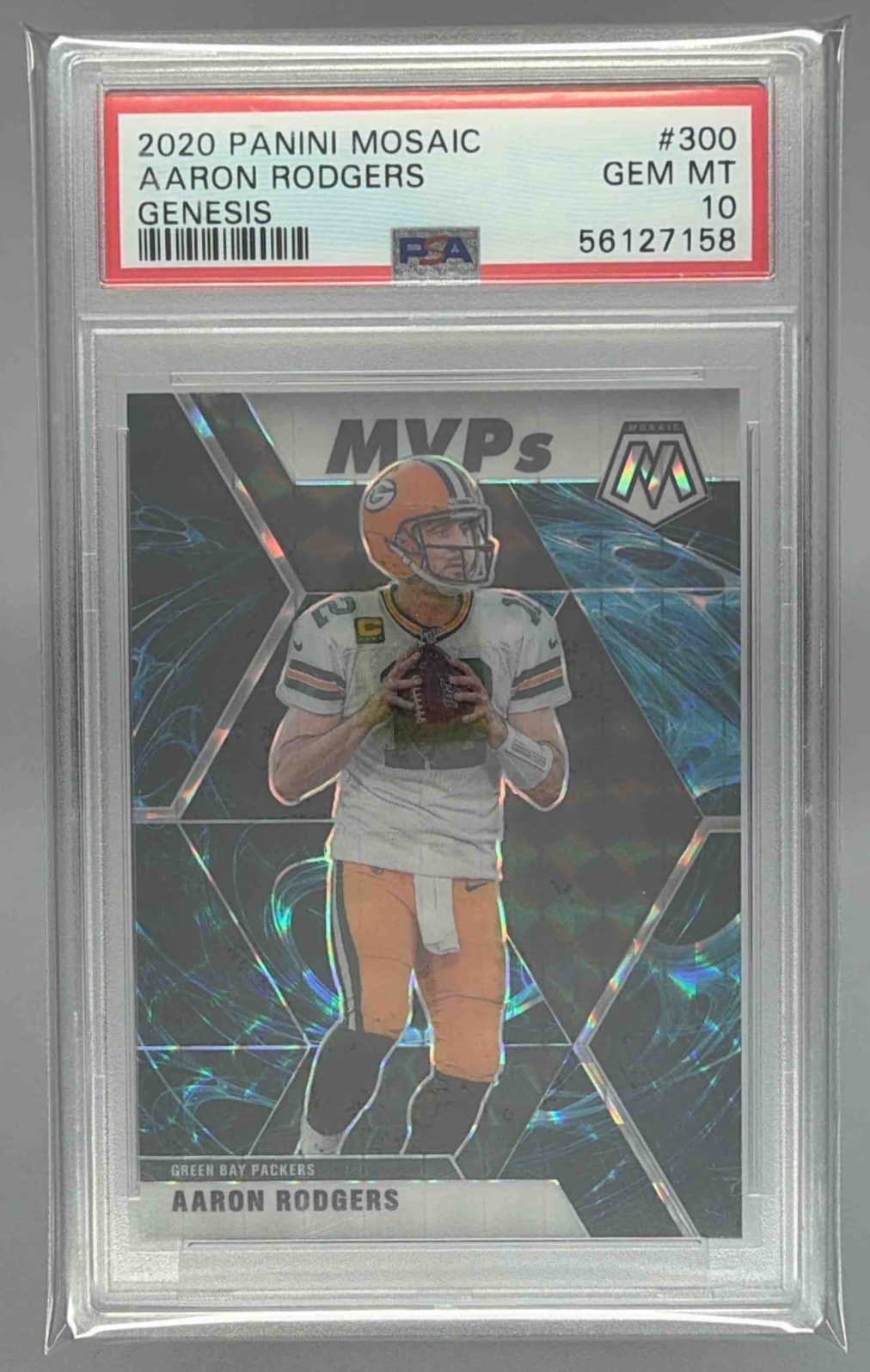 Card image for 2020 Panini Football Mosaic Aaron Rodgers Prizm Genesis #300 Green Bay Packers