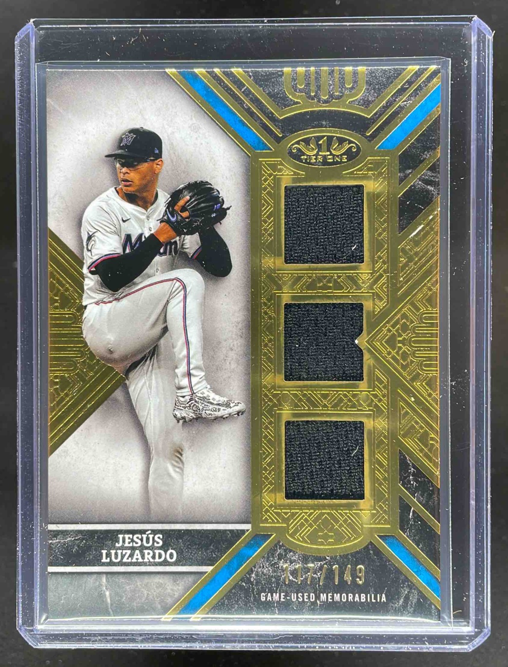 Card image for Jesus Luzardo 2025 Topps Tier One Triple Relics /49 #T1TR-JL Miami Marlins