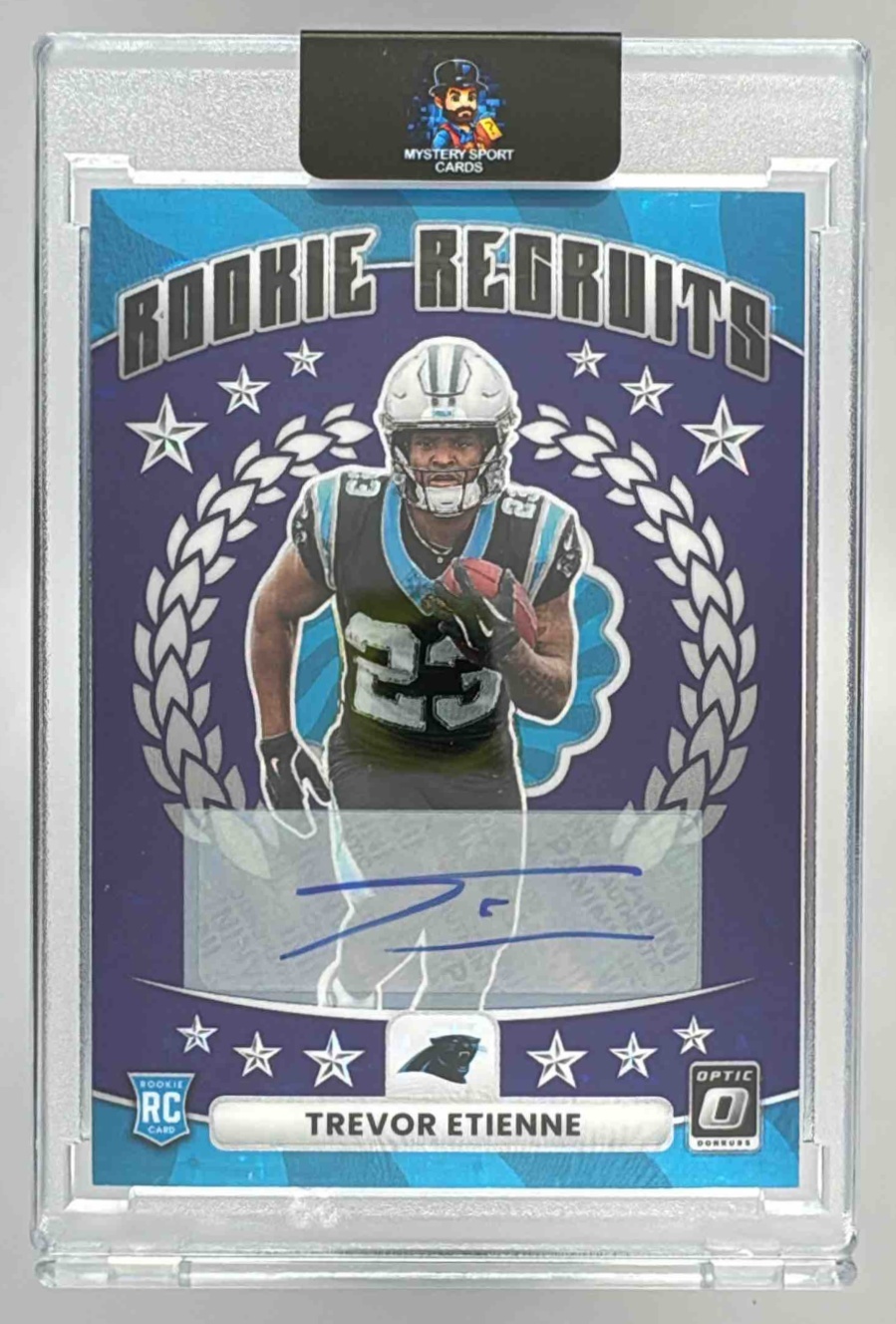 Card image for 2025 Panini Donruss Optic Trevor Etienne Hidden Potential Auto Purple Stars Prizm /25 #11 RC Panthers