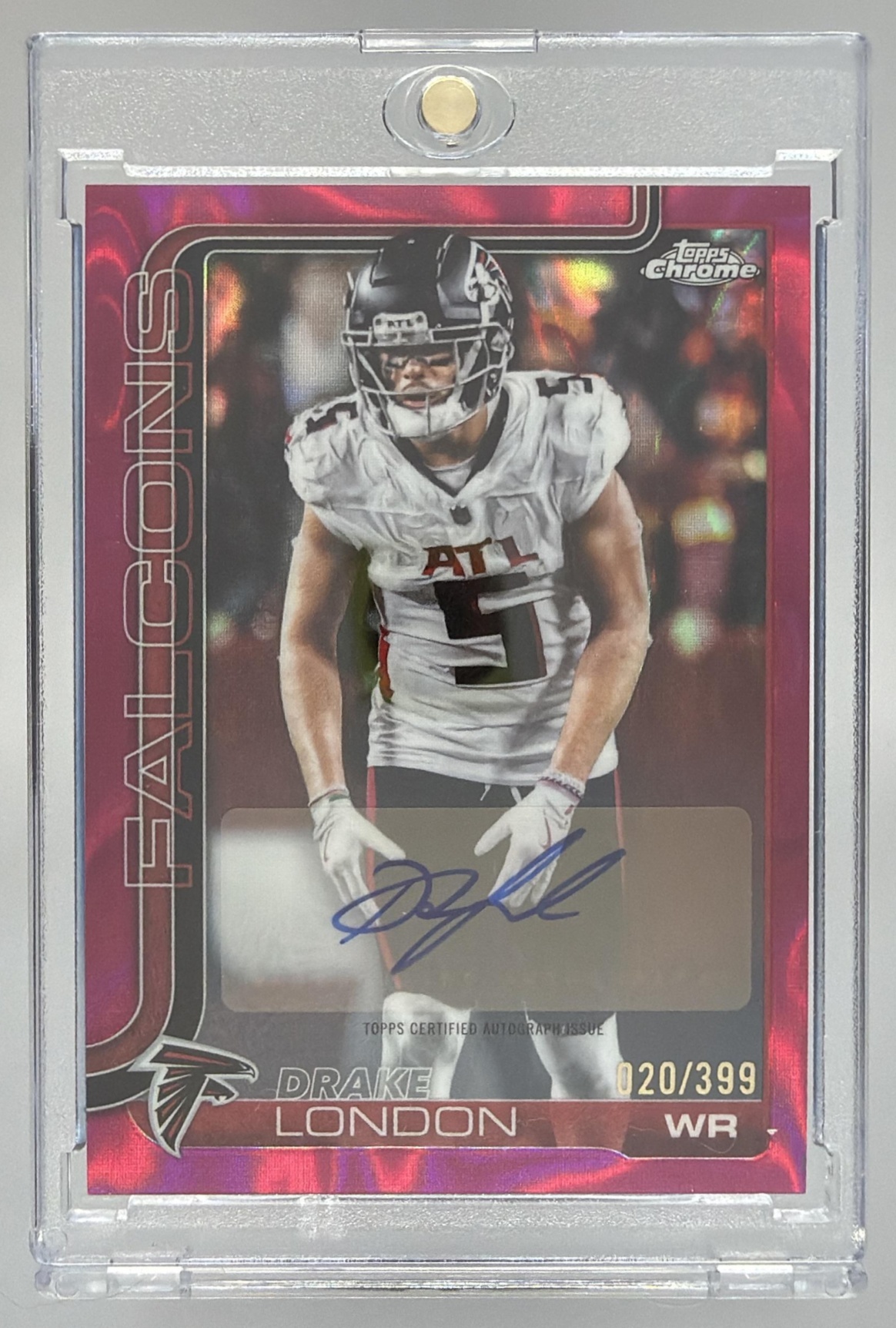 Card image for 2025 Topps Chrome Drake London Auto Magenta Lava Refractor /399 #BA-DL Falcons