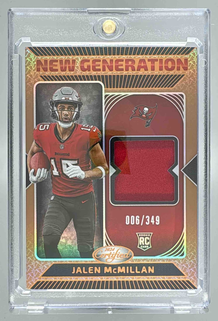 Card image for 2024 Panini Certified Jalen McMillan New Generation Jerseys Mirror Bronze /349 #NGS-JMN MEM RC Buccaneers