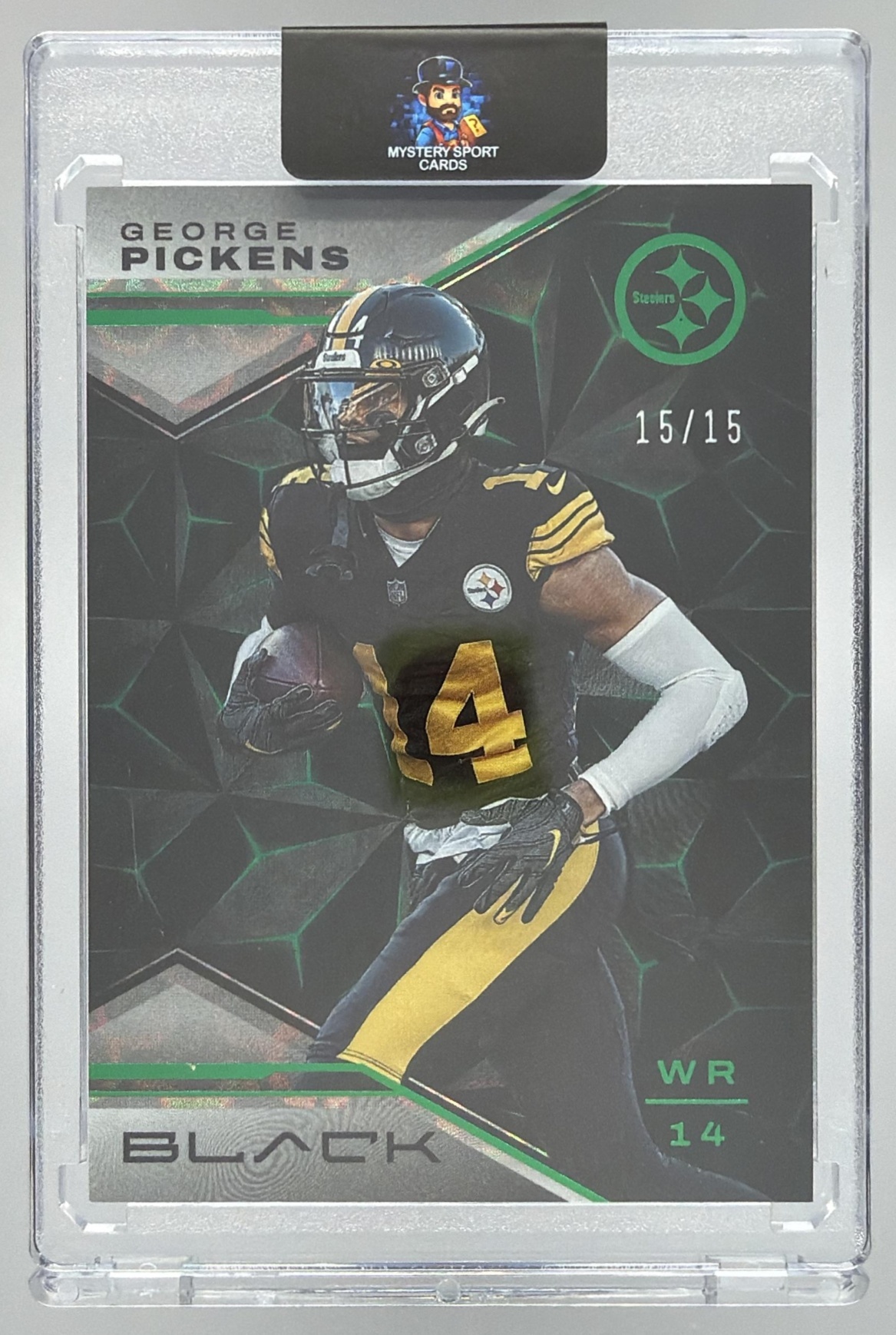 Card image for 2022 Panini Black George Pickens Ruby /15 #218 MEM Auto RC Steelers