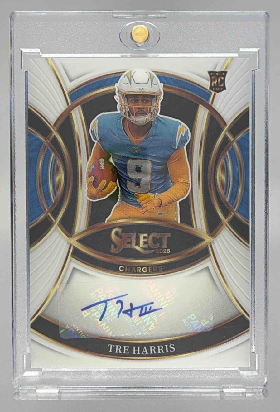 Card image for 2025 Panini Select Tre Harris Rookie Signatures #RSI-THS RC Auto Chargers