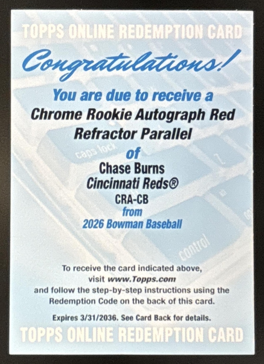 Card image for Chase Burns 2026 Bowman Red Refractor /5 Chrome Rookie Auto Cincinnati Reds