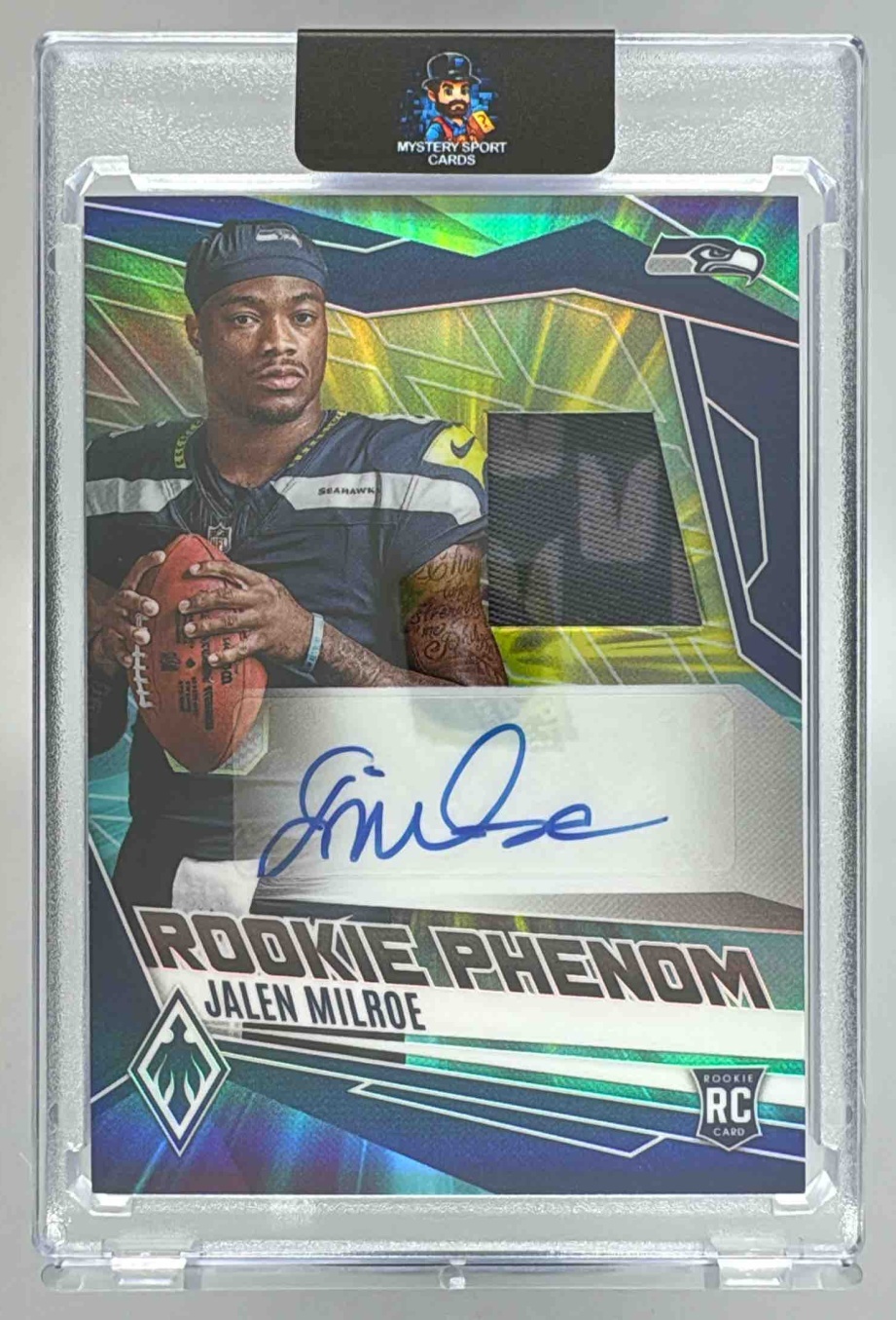 Card image for 2025 Panini Phoenix Jalen Milroe Rookies Auto Green Prizm /25 #151 RC Seahawks