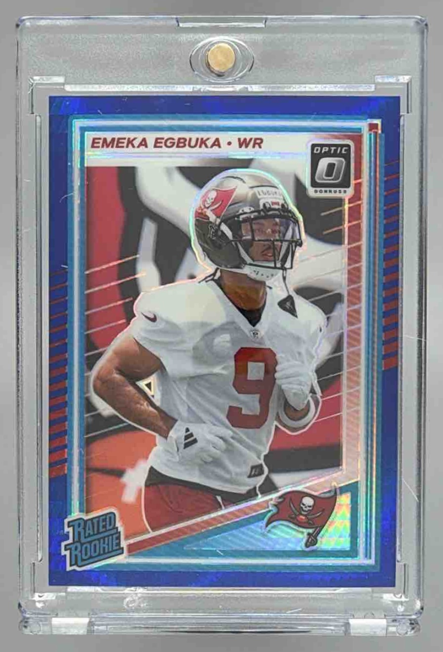Card image for 2025 Panini Donruss Optic Emeka Egbuka Rated Rookie Purple Shock Prizm #265 Buccaneers
