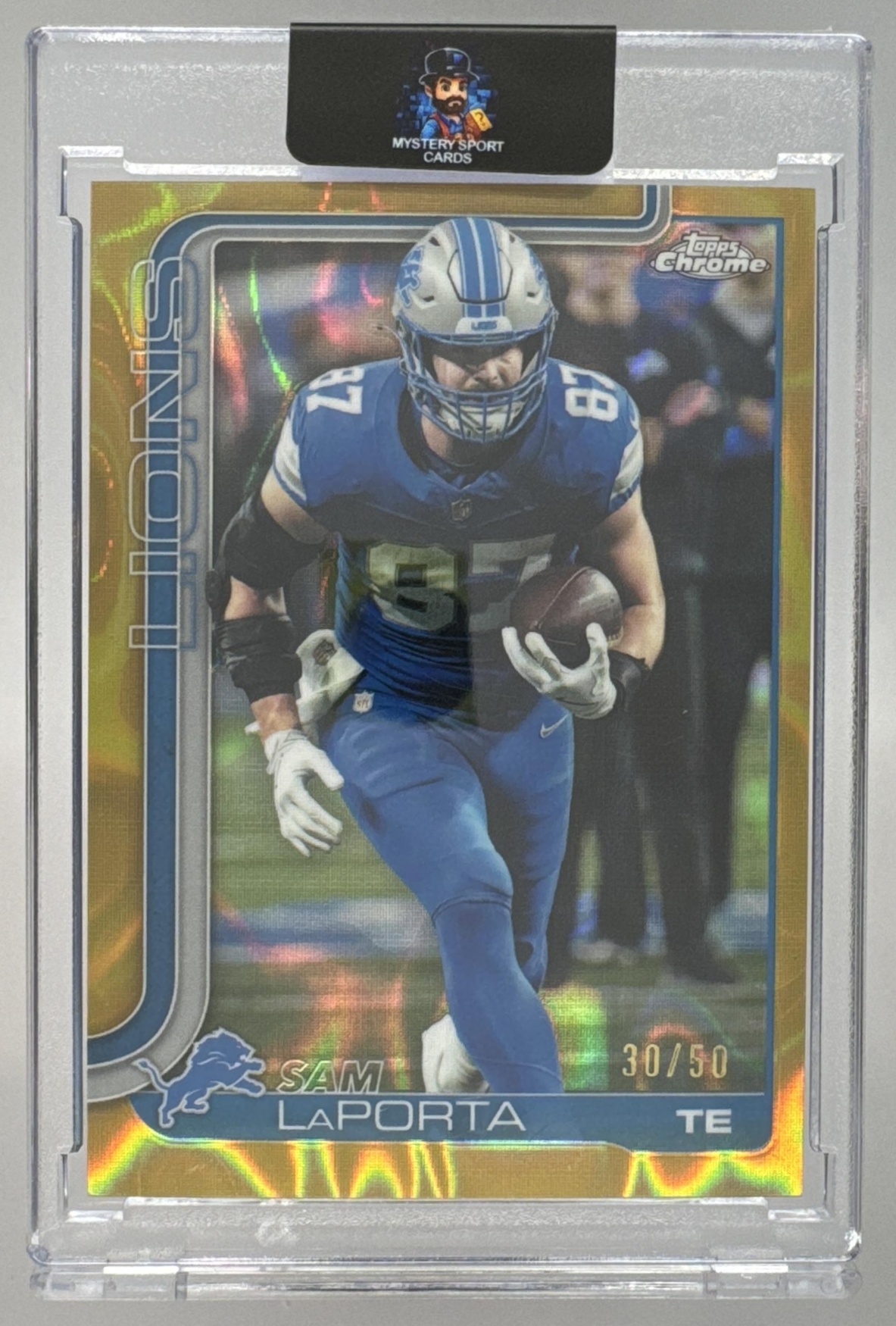 Card image for 2025 Topps Chrome Sam LaPorta Gold Geometric Refractor /50 #100 Lions
