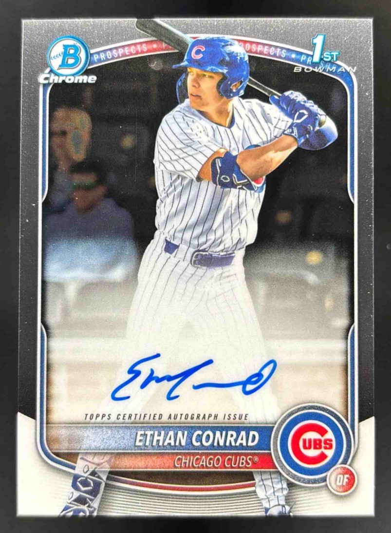 Card image for 2025 Bowman Draft Ethan Conrad Chrome Prospect Auto Gold Ink /15 #CPA-EC Cubs