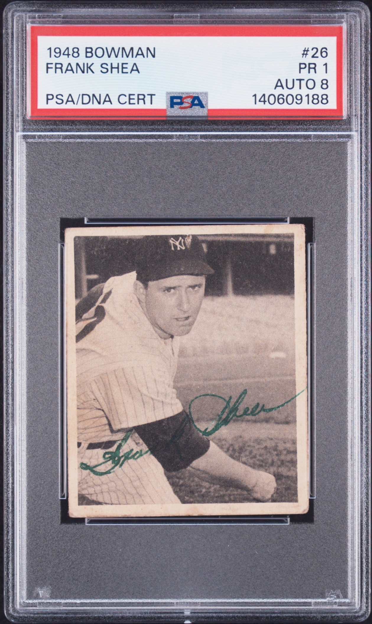 1948 Bowman Baseball Frank Shea #26 RC New York Yankees PSA 1 AUTO 8