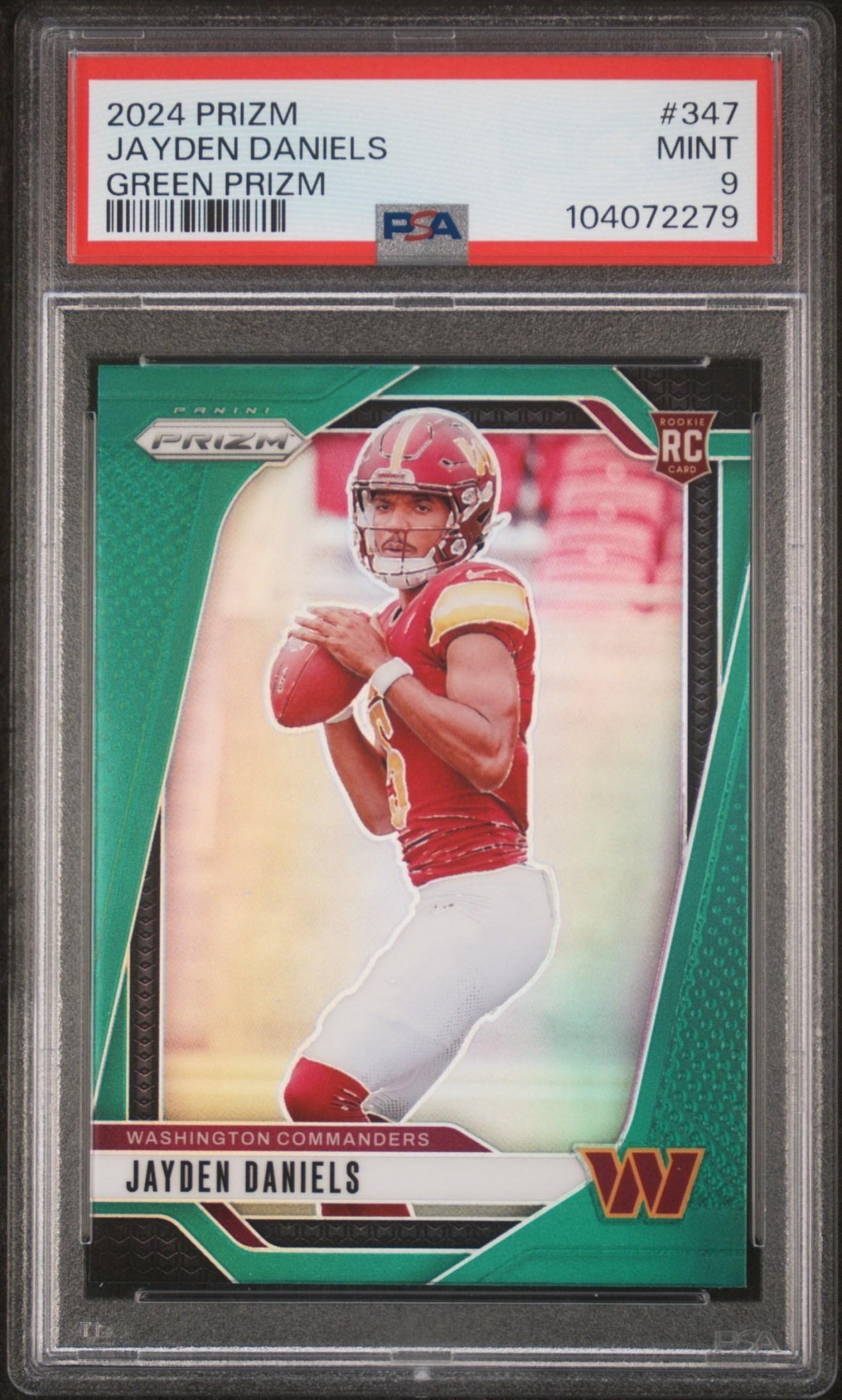 Card image for 2024 Panini Football Prizm Jayden Daniels Green #347 RC Washington Commanders