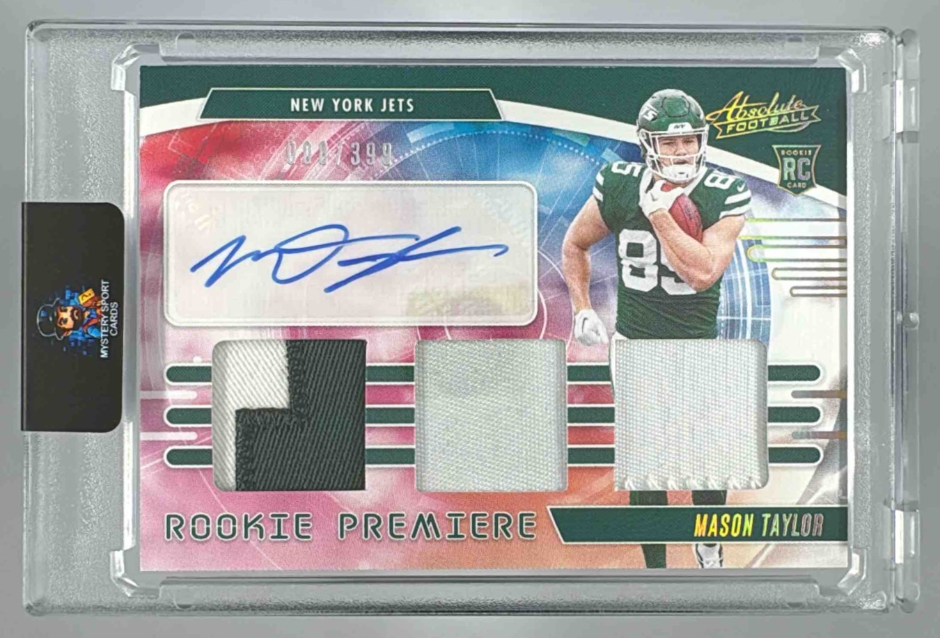 Card image for 2025 Panini Absolute Mason Taylor Rookie Premiere Materials Autos /399 #RPM-MTR MEM RC Auto Jets