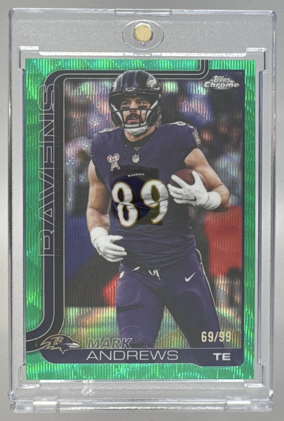 Card image for 2025 Topps Chrome Mark Andrews Football Leather Green Refractor /99 #23 Ravens