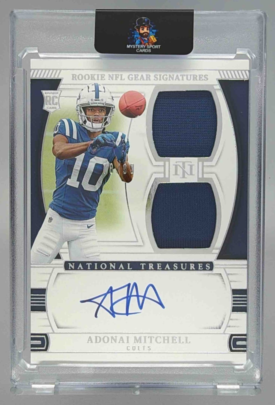 Card image for 2025 Panini National Treasures Adonai Mitchell 2024 Playoff Football Rookie Jumbo Prime Signatures Booklet #1 Auto Colts