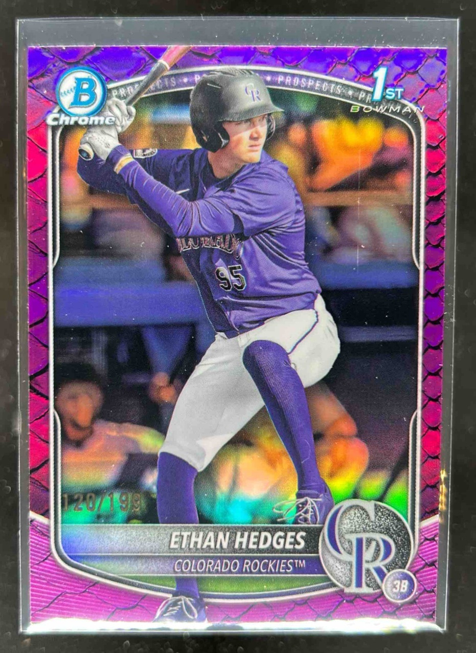 Card image for Ethan Hedges 2025 Bowman Draft Chrome Fuchsia Reptilian Refractor /199