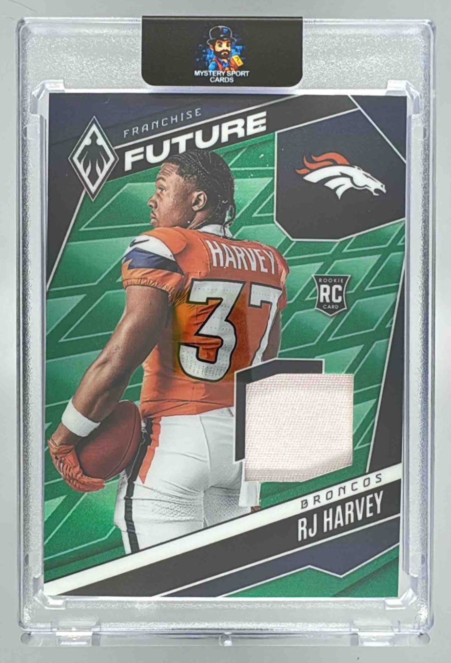 Card image for 2025 Panini Phoenix RJ Harvey Franchise Future Material Green Prizm /99 #FFM-RJH MEM RC Broncos
