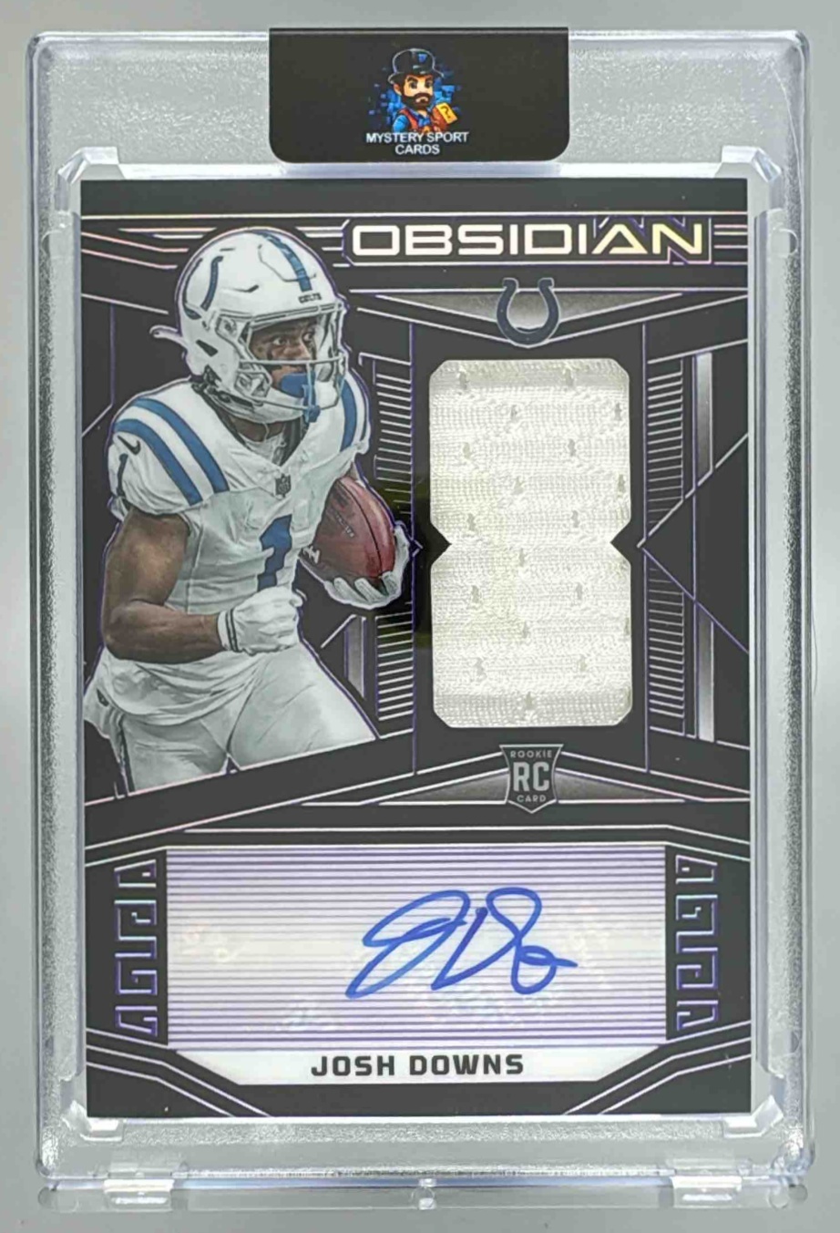Card image for 2023 Panini Obsidian Josh Downs Electric Etch Purple /75 #221 MEM Auto RC Colts