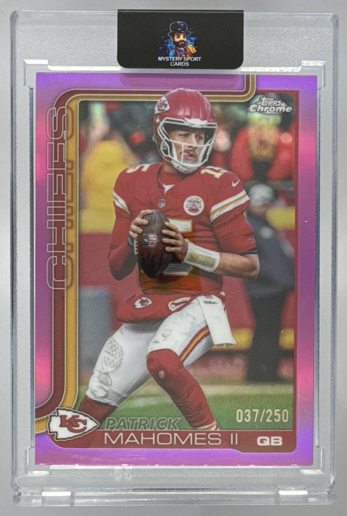 Card image for 2025 Topps Chrome Patrick Mahomes II Pink Wave Refractor /250 #148 Chiefs