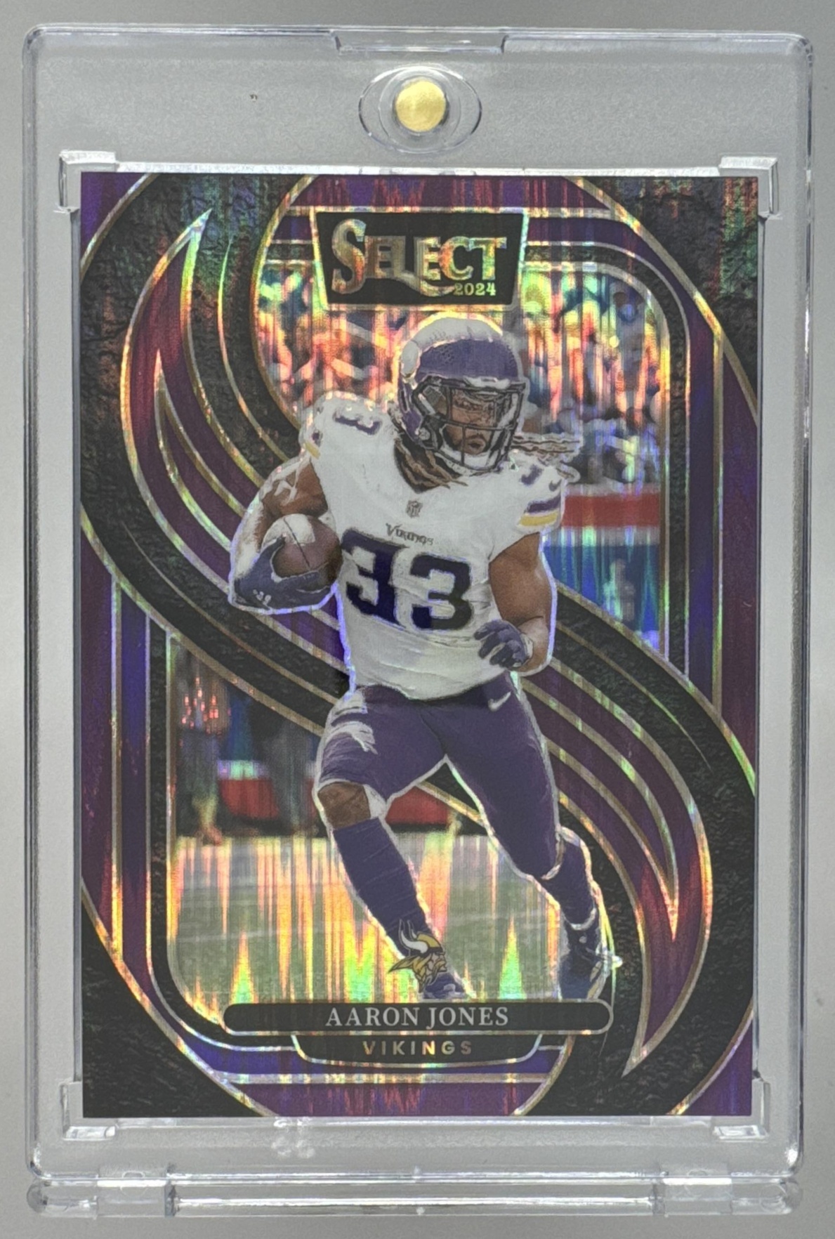 Card image for 2024 Panini Select Aaron Jones Premier Purple Prizm Shock /360 #102 Vikings