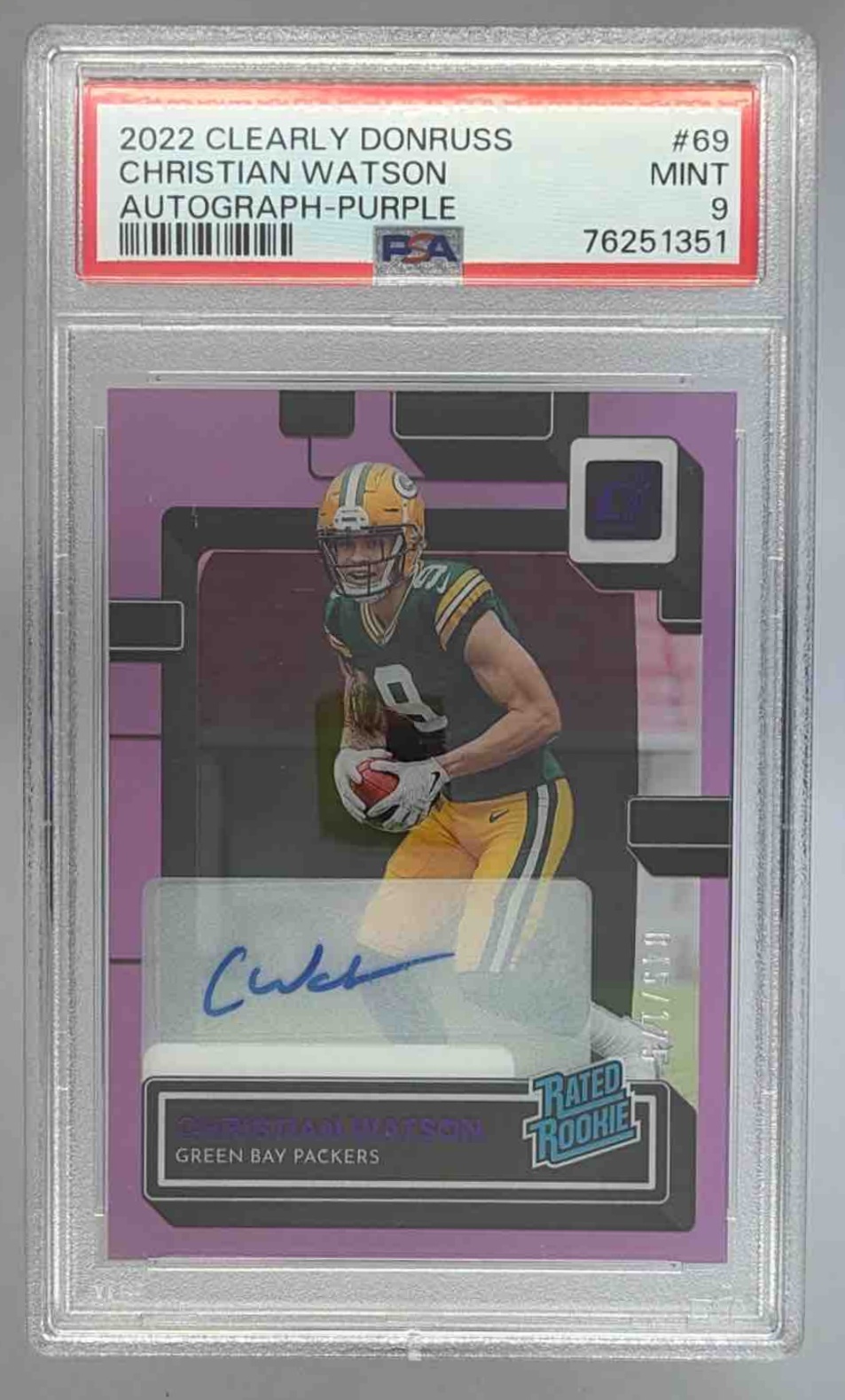 Card image for 2022 Panini Clearly Donruss Christian Watson Rated Rookie Auto Purple /175 #69 RC Packers