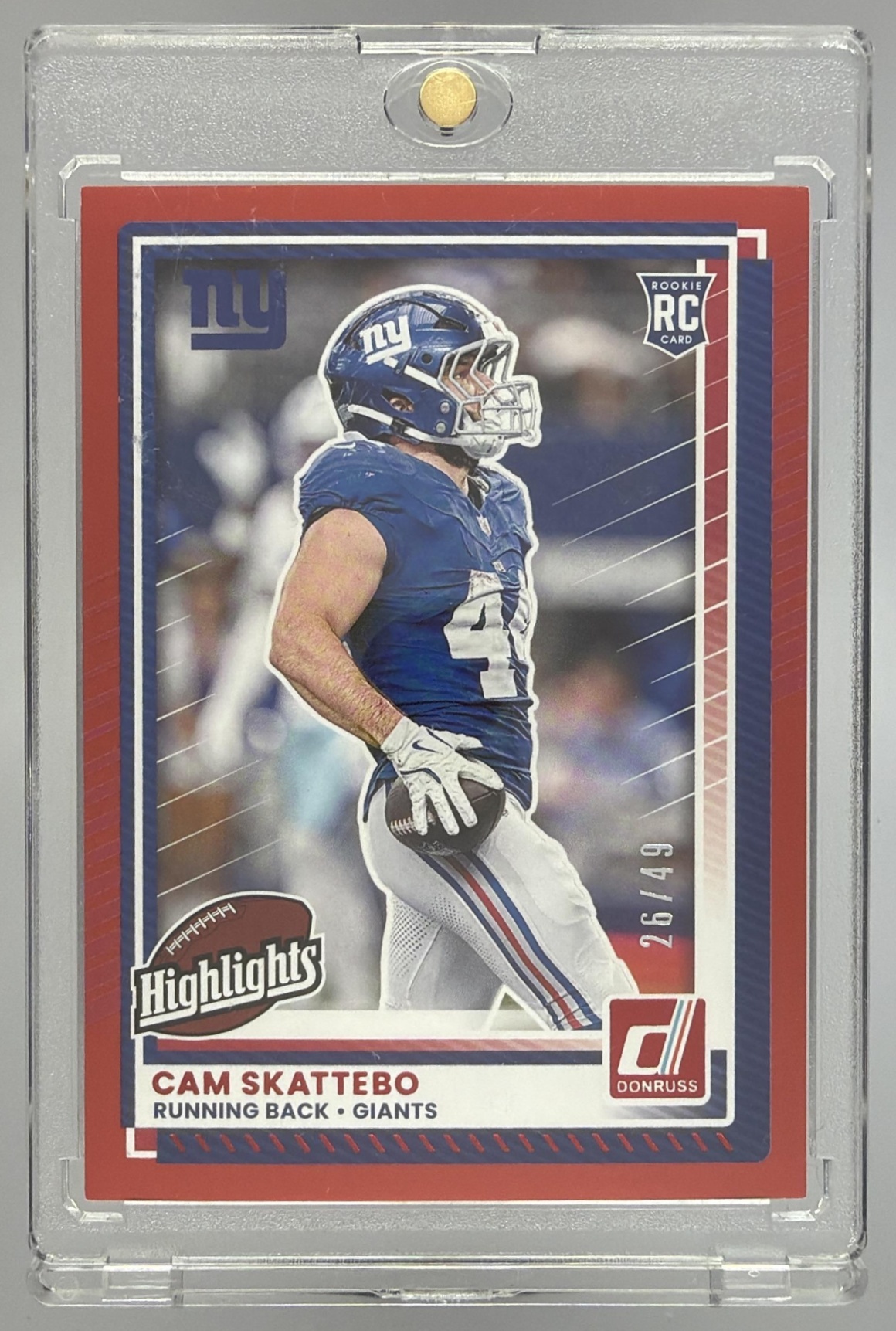 Card image for 2025 Panini Donruss Rookies & Highlights Cam Skattebo Red /49 #DRH-84 RC Giants