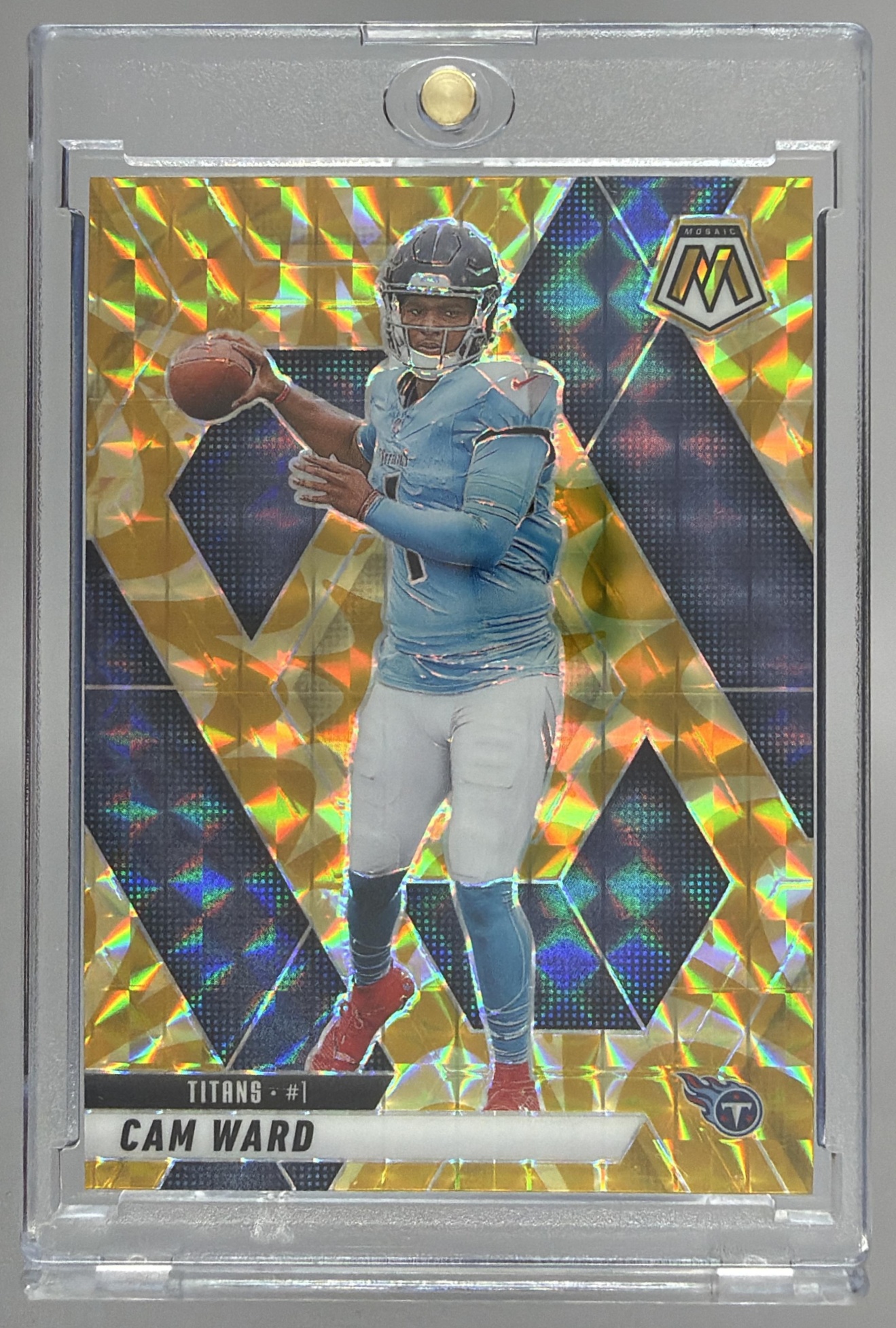 Card image for 2025 Panini Mosaic Cam Ward Rookies Reactive Yellow Prizm #382 RC Titans
